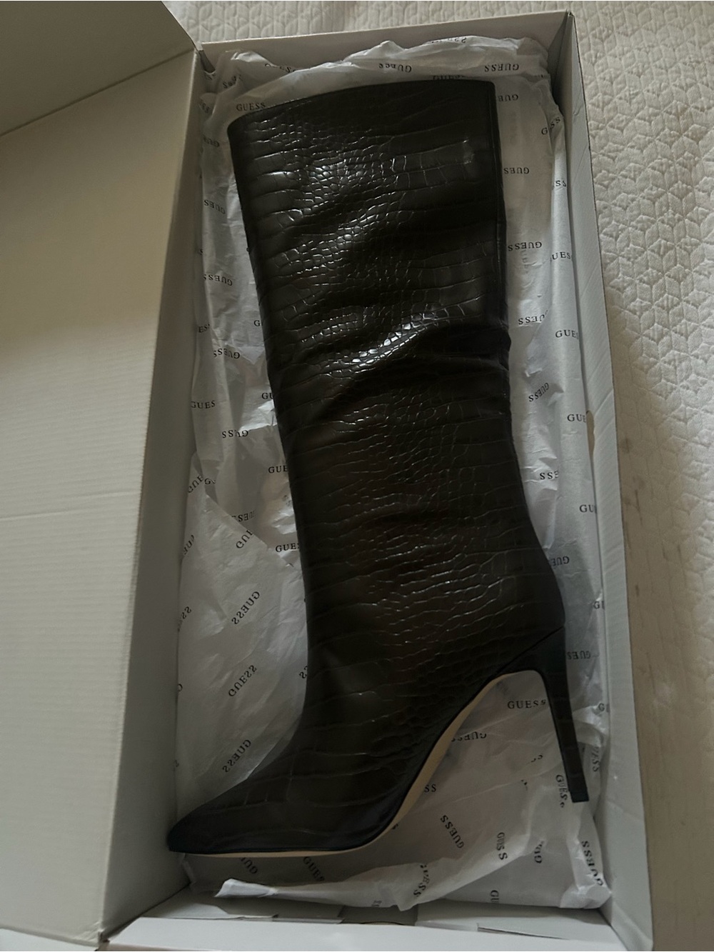 Guess Dark Brown Croc-Embossed Knee-High Stiletto Boots